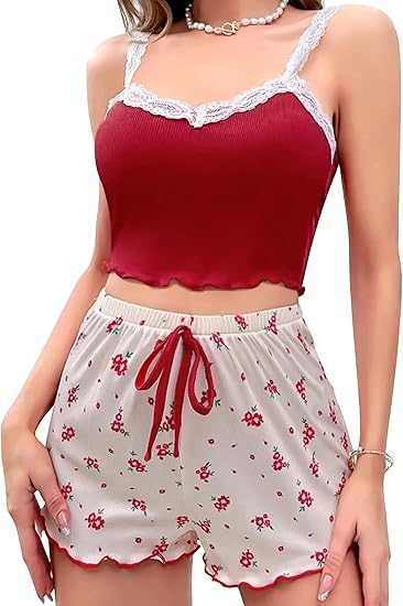 Women’s 2-Piece Floral Cami & Shorts Pajama Set – Lace Trim Sleepwear